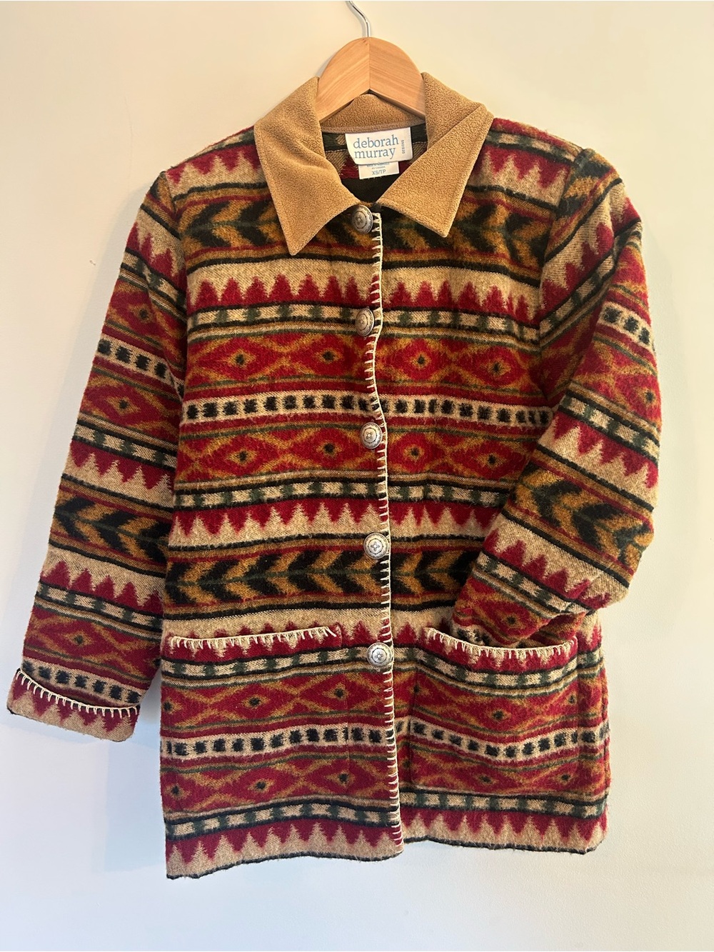 Vintage Southwestern Aztec Deborah Murray Red & Tan Patterned Wool Jacket - Picture 2 of 7